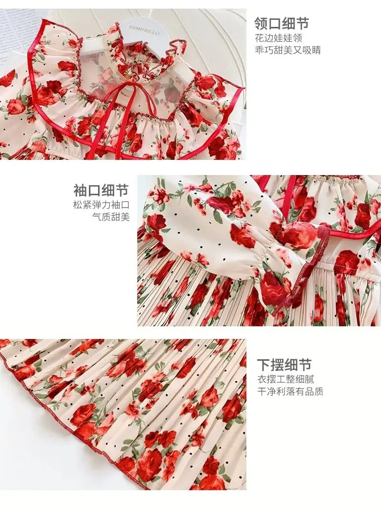 

2021 New Long Sleeve Chiffon Dress for Girls Print Lace Collar Princess Dresses Toddler Baby Girl Party Clothes Teenage 6 8 9 10