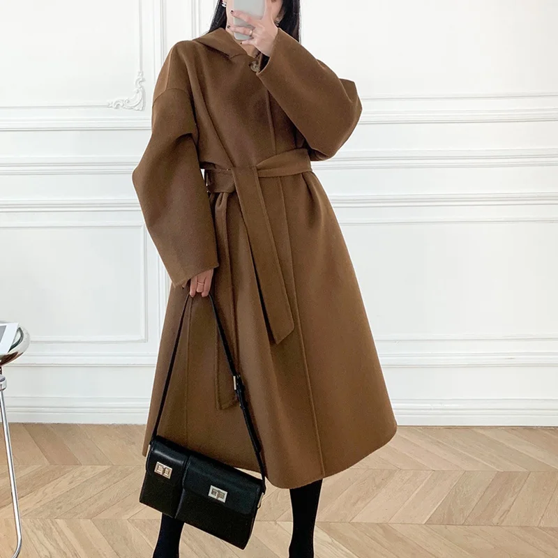 

and 2021 Autumn Winter New Fashion Loose Wild Hat Belt Style Casual Solid Color Long Coat Women