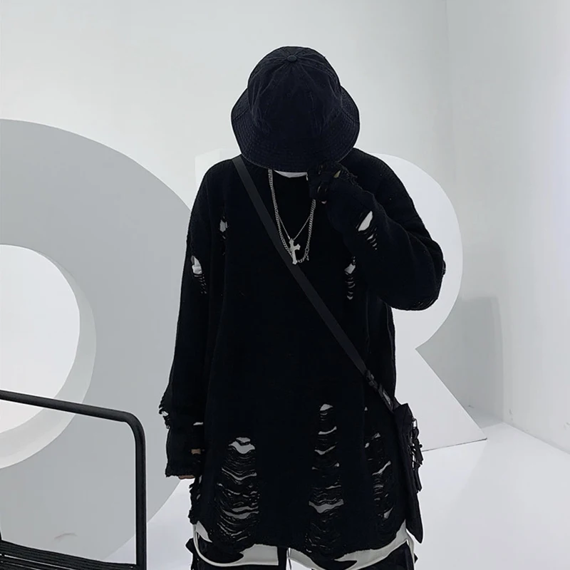 Черный светло-серый панк унисекс длинный свитер 2020 женский мужской с дырками