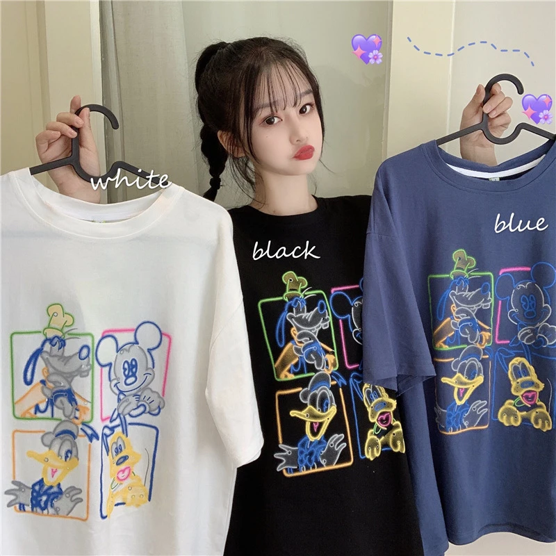 

Disney New Cartoon Cotton Summer Mickey Mouse Friends Loose Mid-length Ladies T-shirt Harajuku Shirt Korean Clothes Women Long