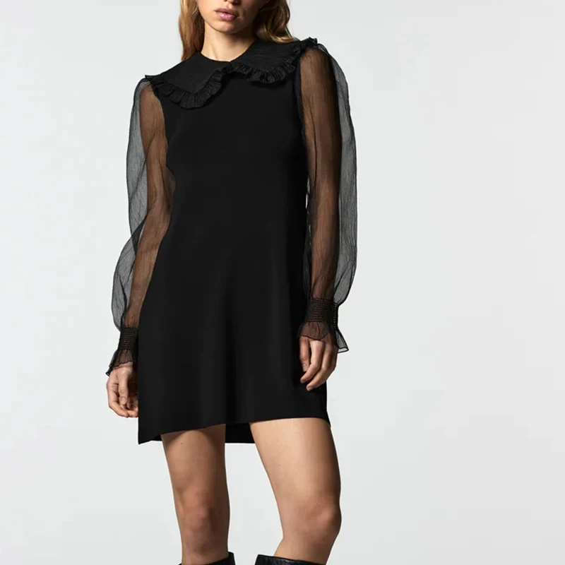 

KUMSVAG Women ZA Black Mini Dress 2021 Autumn O-Neck Organza Knitting Spliced Female Elegant Sweet Street Dresses Vestidos