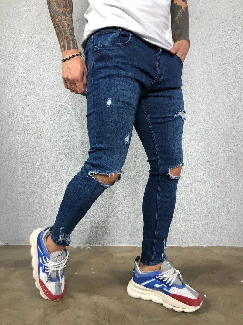 Men Ripped Jeans Skinny  High Street Style Elasticity Slim Frayed Casual Black Blue Gyms Jogger Track Knee Hole Denim