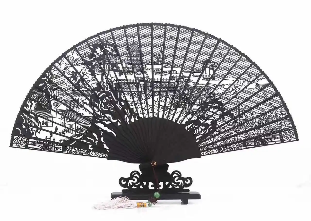 

Exquisite Carved Ebony Wooden Fans For Wedding Adult Calligraphy Painting Fine Art Hand Fan Craft Gift To Send Foreigners LF372