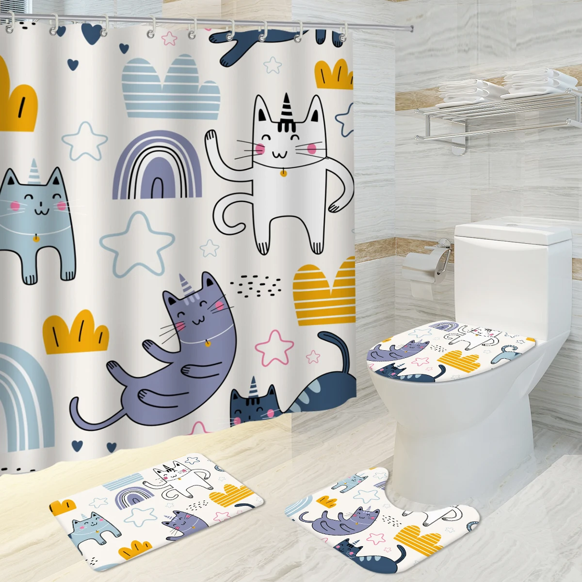 Ocean Animal Printed Shower Curtain Mat Set Toilet Cover Non-Slip Bath Rug Waterproof Bathroom Accessories Set Curtains Hooks