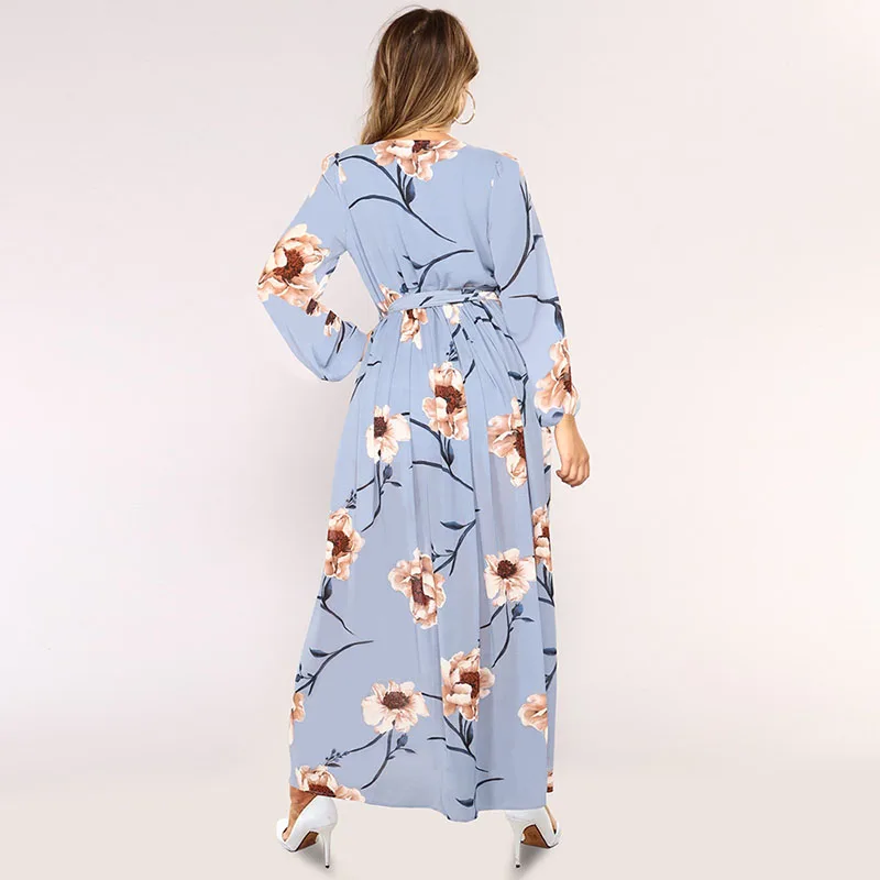 

Women Floral Printing V Neck Sexy Dress Womens Long Sleeves Autumn Winter Ankle Length Party Dress 2019 New