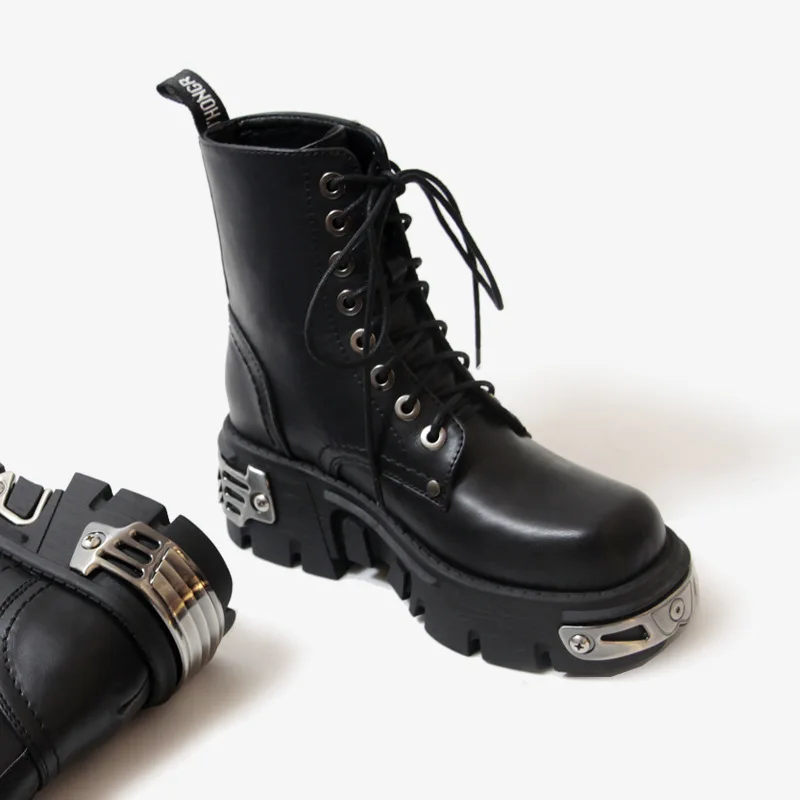 

Punk Style Platform Women Ankle Boots Women's Motorcycle Boot Fashion Ladies Chunky Shoes Metal Decor Black BIG Size