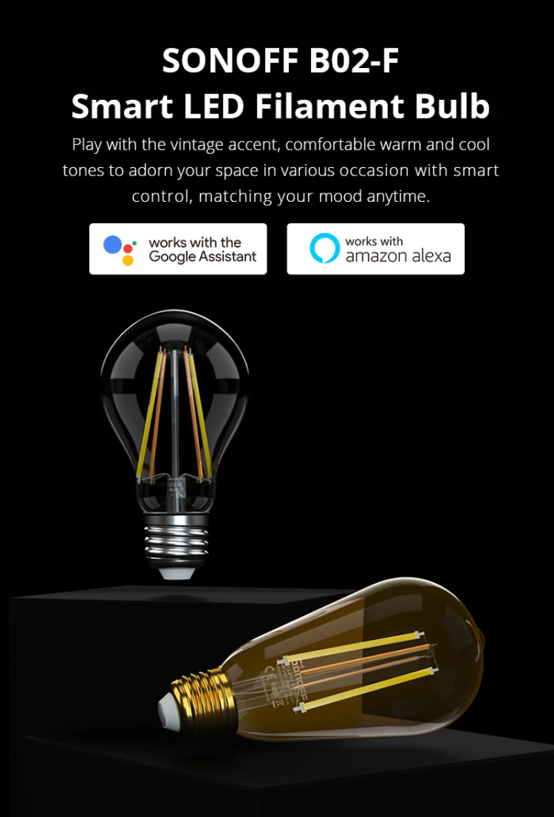 

4pcs SONOFF B02-F Smart Wi-Fi LED Filament Bulb E27 7W Smart Bulb B02F-ST64 B02-F-A60 Work With Alexa Google Home Dimmabled Bulb