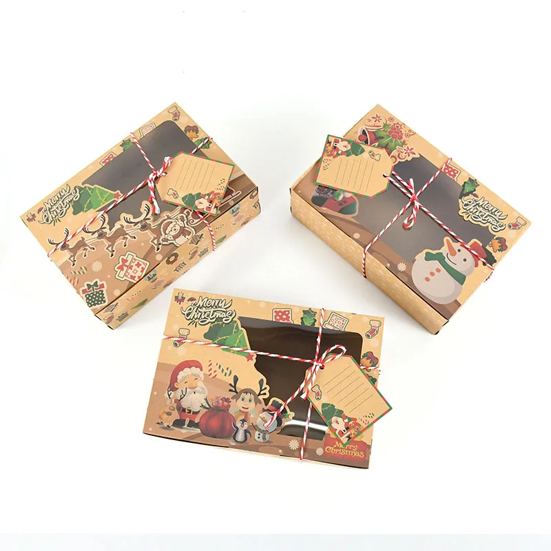 

3Pcs Kraft Paper Candy Boxes Merry Christmas Santa Gift Box Clear Window Cookie Packaging Case Xmas Navidad Party Favor New Year