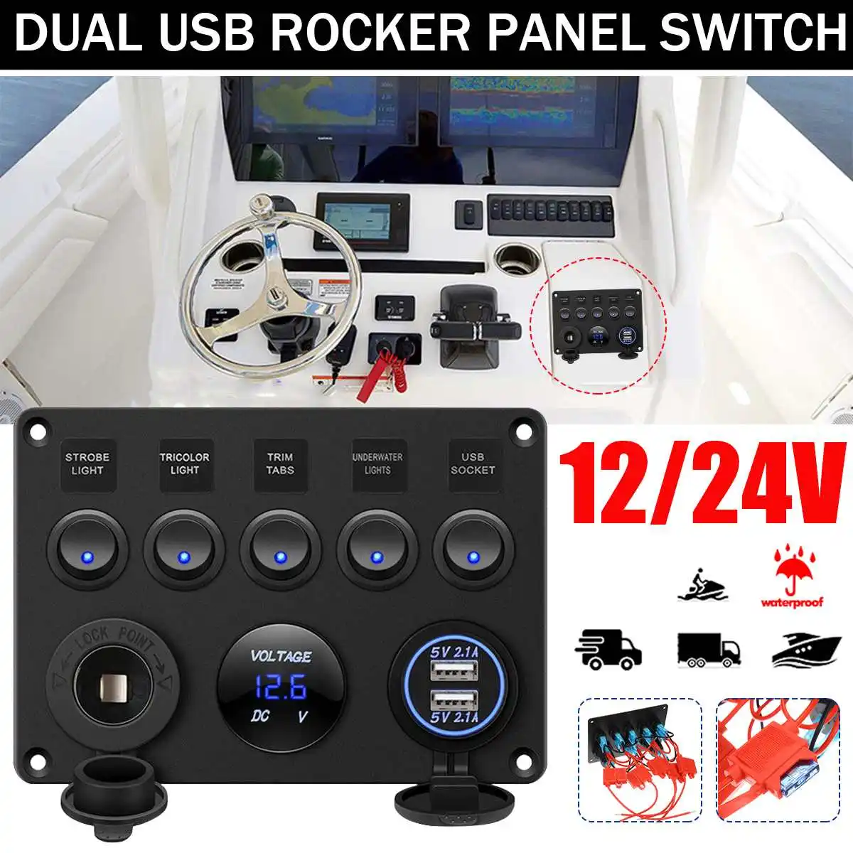 

Boat Switch Panel Car Switch Panel Waterproof Digital Voltmeter Dual USB Port 12V Outlet Combination Marine LED Rocker 5 Gang