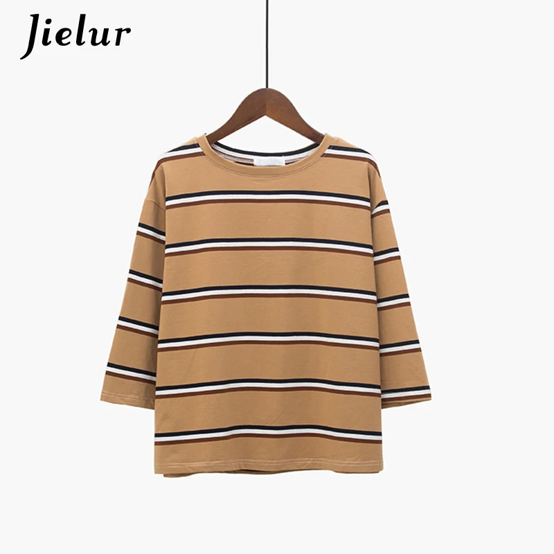 Jielur Футболка в стиле Kpop Женская Полосатая хипстерская футболка с рукавом до