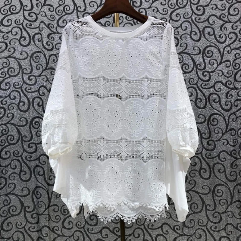 

2021 Summer Fashion Blouses High Quality Women O-Neck Hollow Out Embroidery Half Sleeve Casual Loose Long Tops Shirt White Color