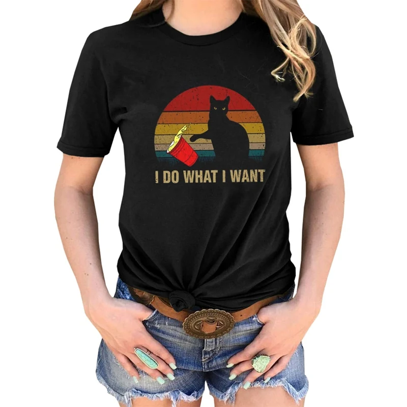 Милая кошка I Do What I Want винтажная женская футболка женская мужская футболка с длинными рукавами топы с круглым вырезом и коротким рукавом