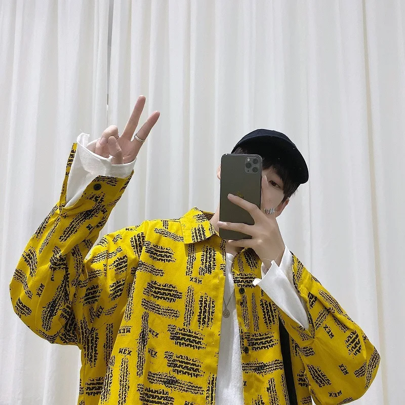 

Spring autumn new tide brand loose long-sleeved shirt men's trend coat Korean personality printing Free shipping yellow