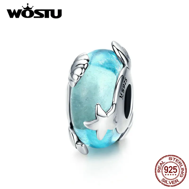 WOSTU Морская звезда и раковина синий бисер 925 пробы Silve Шарм из муранского стекла подходит для женщин браслет кулон DIY Ювелирные изделия CQC1257