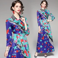 womens turn down collar sashes single breasted star printed high waist long vestidos autumn fashion vintage maxi dress 7466