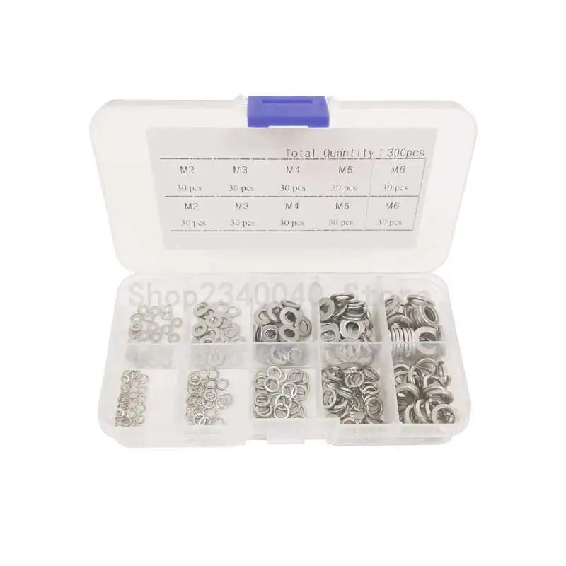 300pcs/box 304 Stainless Steel Flat Washer/Spring washer Assortment Set M2 M3 M4 M5 M6 Metal Lock Washer Abrasion Resistance |