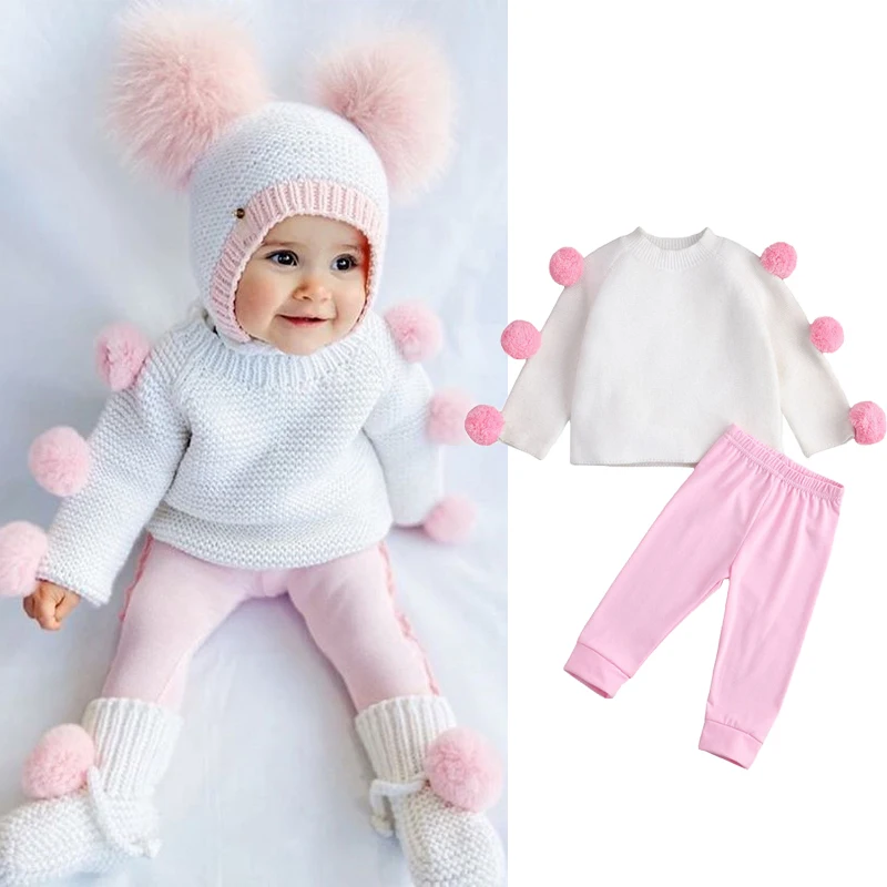 

Модный осенне-зимний комплект одежды для девочек 1-6 лет, пуловер с меховым помпоном, свитер, топы, длинные штаны, леггинсы, детская повседнев...