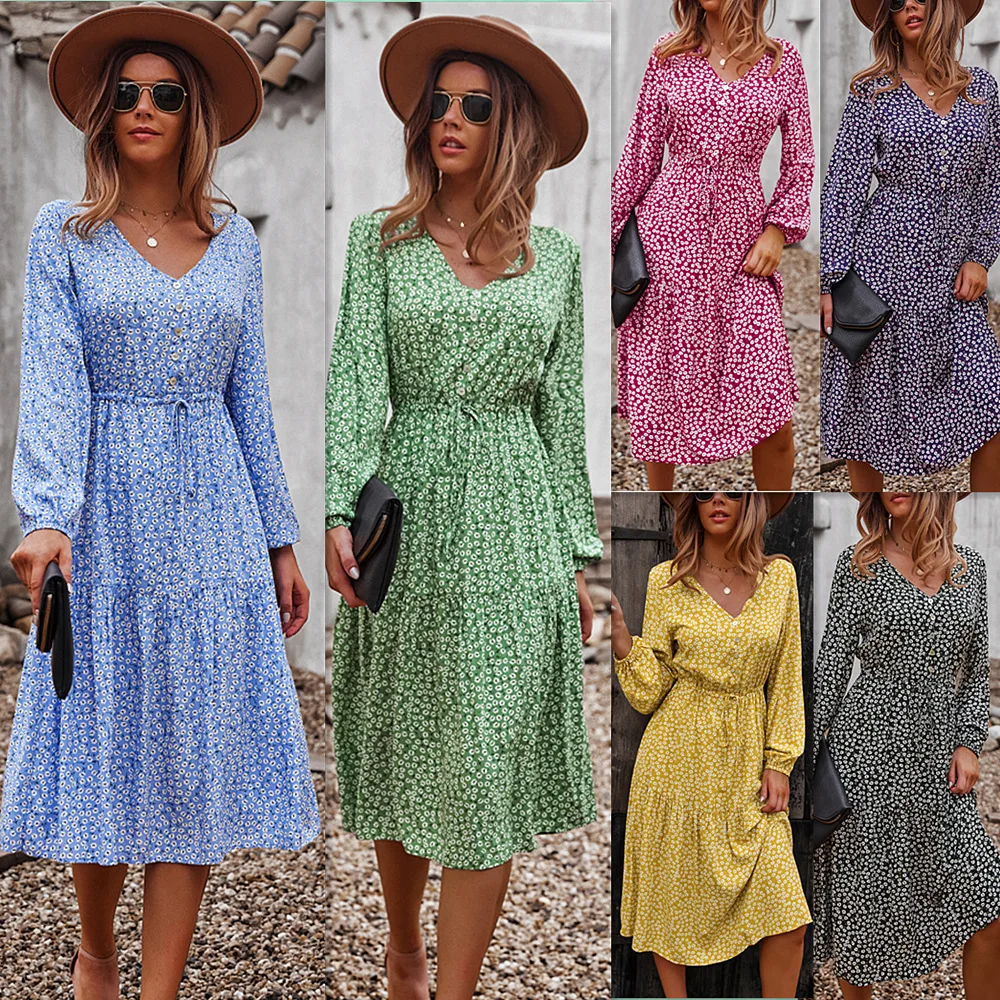 

Long Sleeve Dress Women New Autumn V-Neck High Waist Fashion Large Hem Design Shivering Printed Commuter Elegant Ladies Dress
