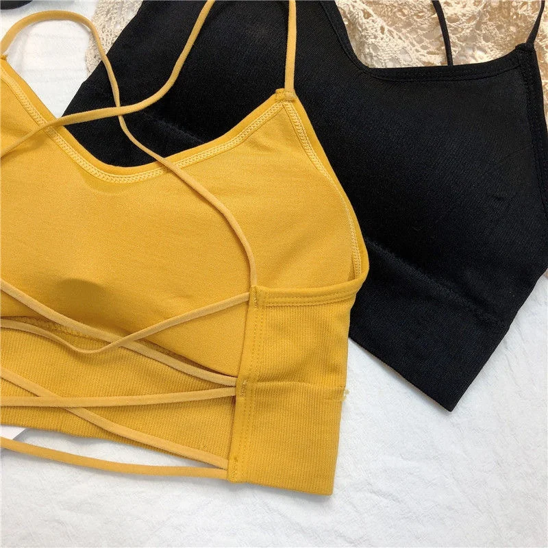 

Summer Fashion Halter Top Spaghetti Strap Tank Top Backless Green Tops for Women Sweet Push Up Solf Padded V-neck Crop Top