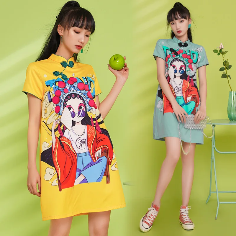 

Cheongsam Young Loose Summer New Girl Print Improved Short Dress