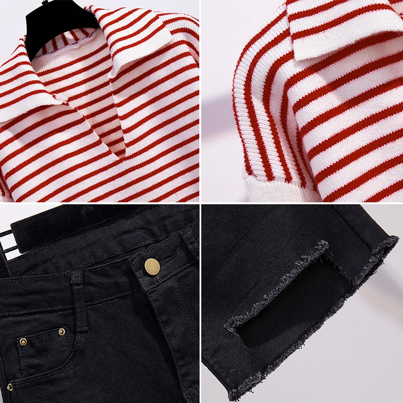 

Trytree Spring Autumn Casual two piece Women Sets Striped Red Knitted Sweater + Straight Jeans Pockets Streetwear 2 Piece Set