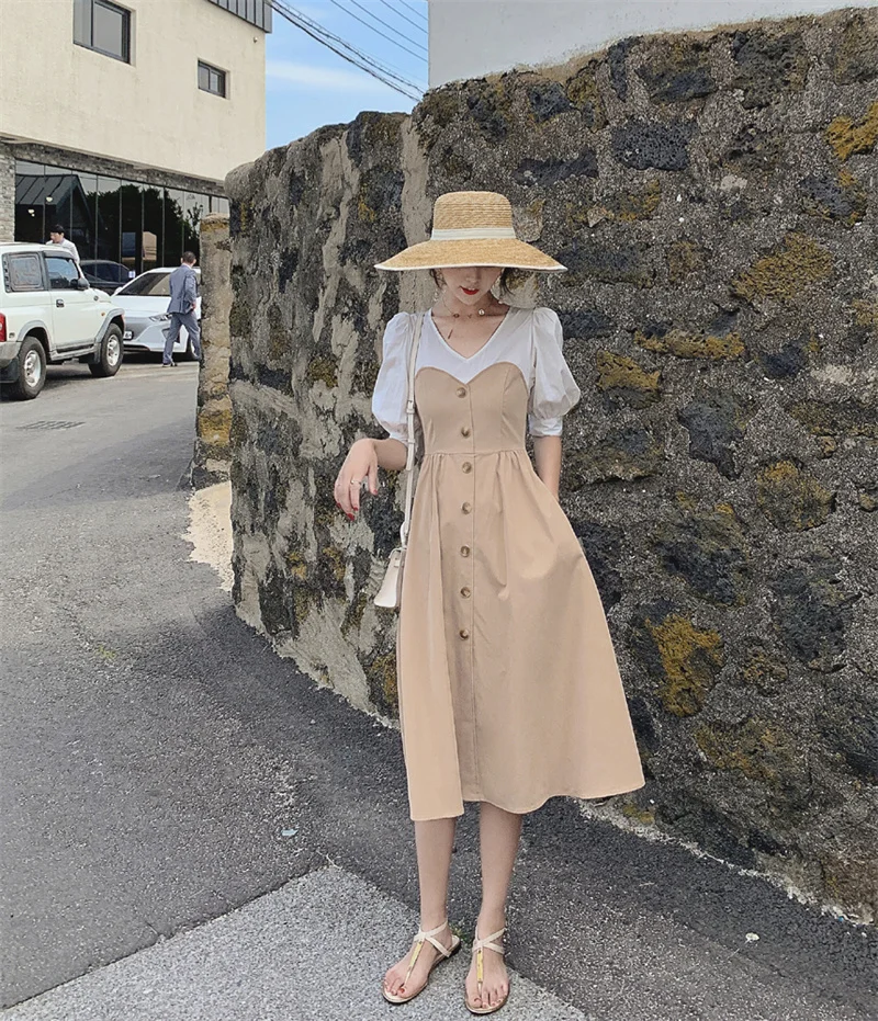 

Single-breasted Puff Short Sleeve Women Dress Summer French Gentle Temperament Simple Casual Vintage V-Neck Khak Long i Dress
