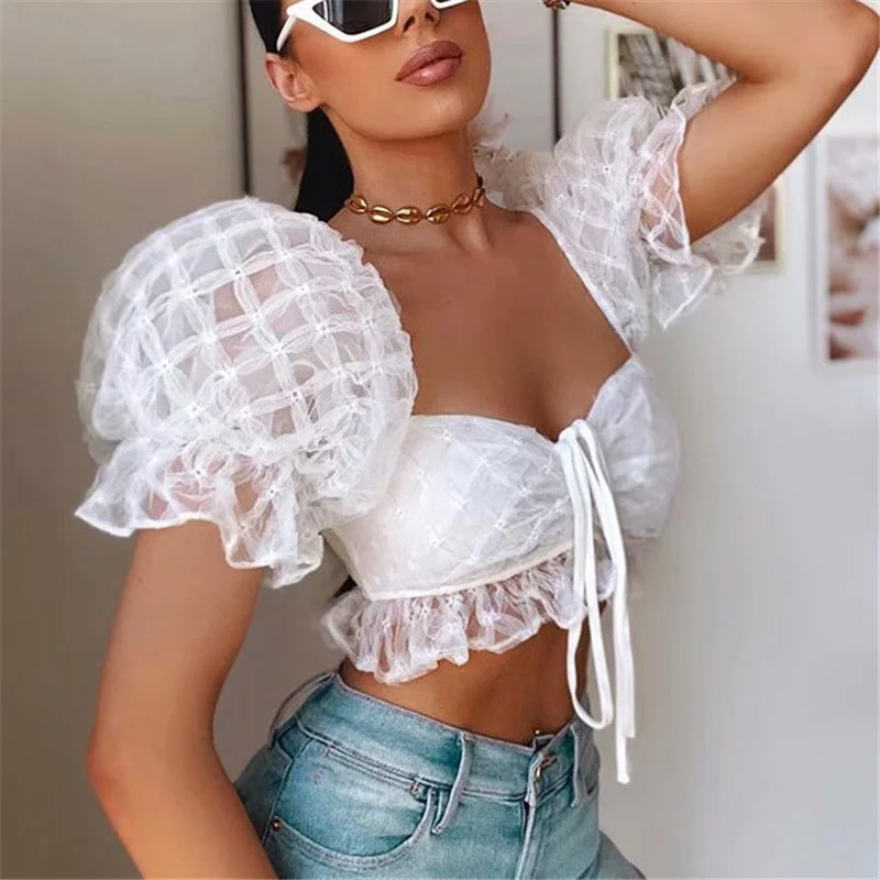 Girls Y2K White Mesh Cropped Tops 2021 Summer Sexy Woman Seethrough BeachTops Ladies Chic Puff Sleeve Ruffles Top