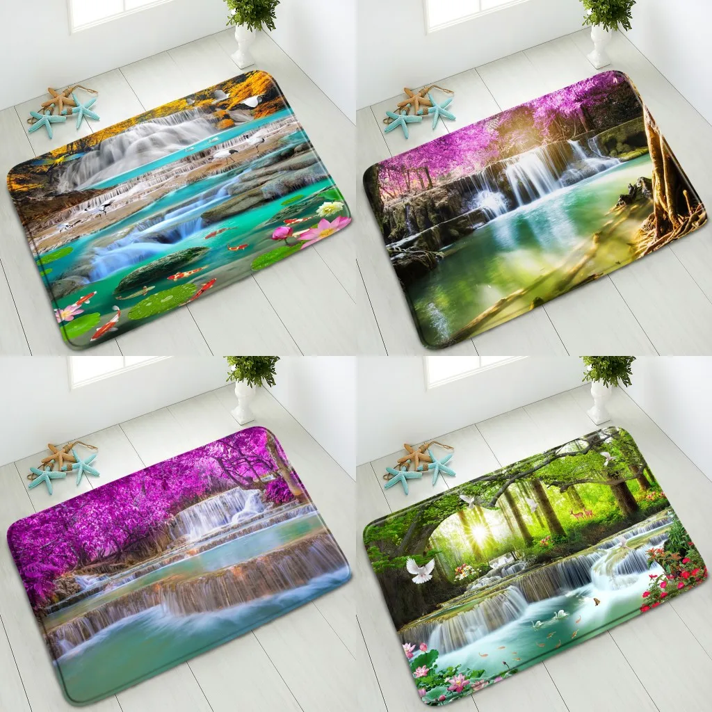 

Waterfall Non-Slip Bathroom Mat Natural Scenery Green Forest Flowers Lotus Fish Indoor Entrance Doormat Absorbent Home Carpet