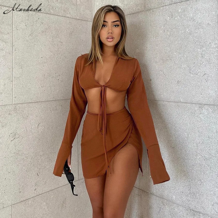 

Macheda Summer Women Fashion Set Solid V Neck Long Sleeve Lce Up Short Top And High Waist Mini Skirt Sexy Street Two Pieces Set