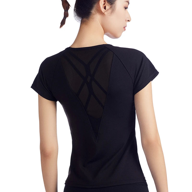 

Sexy Women Sport Shirts Black Short Sleeve Fitness Gauze Back Yoga Top Solid Workout Breathable Sportswear