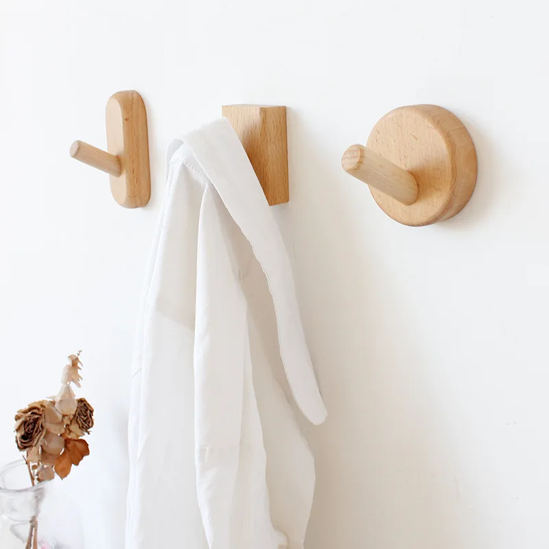 

Japanese-Style Solid Wood Wall Hanging Coat Hooks Free Perforated Beech Wood Round Bedroom Kitchen Coat Hook Porch Door Boxed