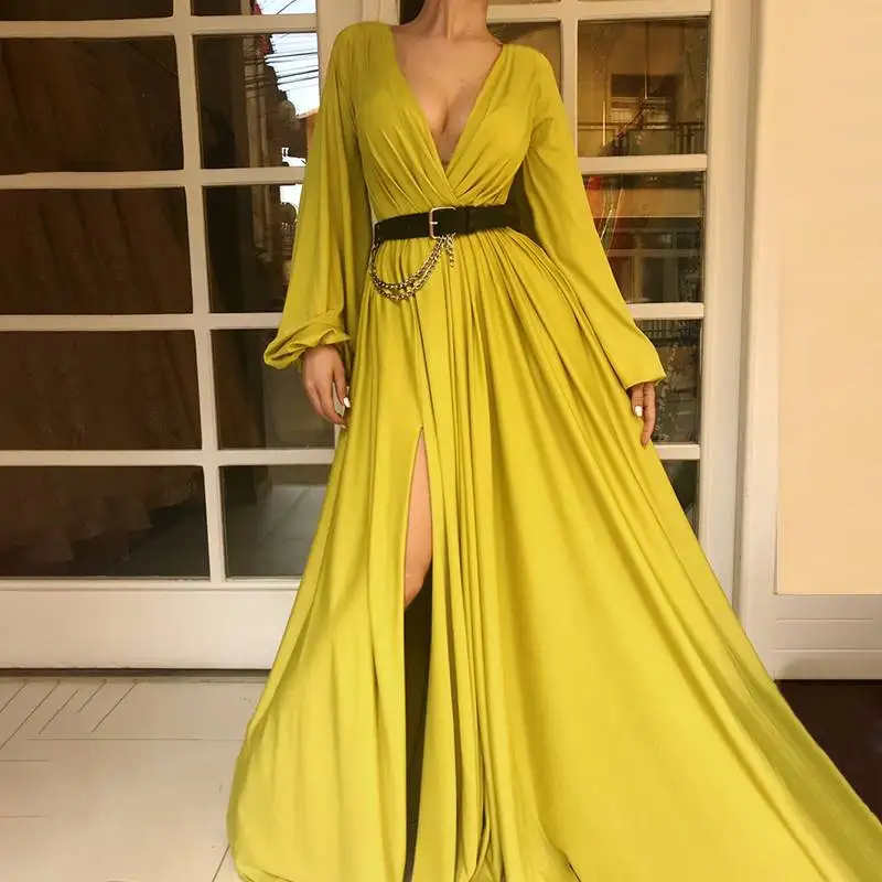 

VONDA 2021 Women Long Sleeve V Neck Party Maxi Dresses Autumn High Slit Hem Solid Dresses Femme Vestidos Oversized Robes
