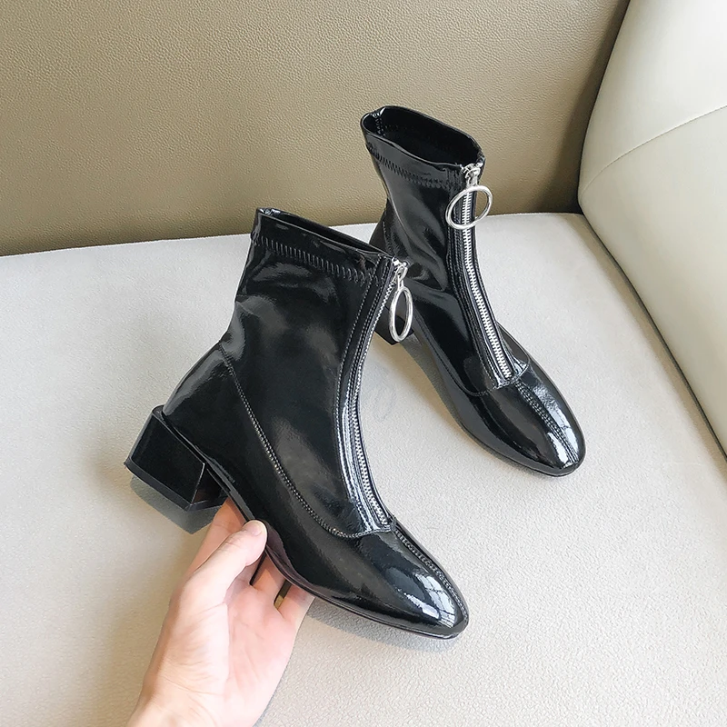 Ботильоны женские с круглым носком модные ботинки на молнии спереди толстом