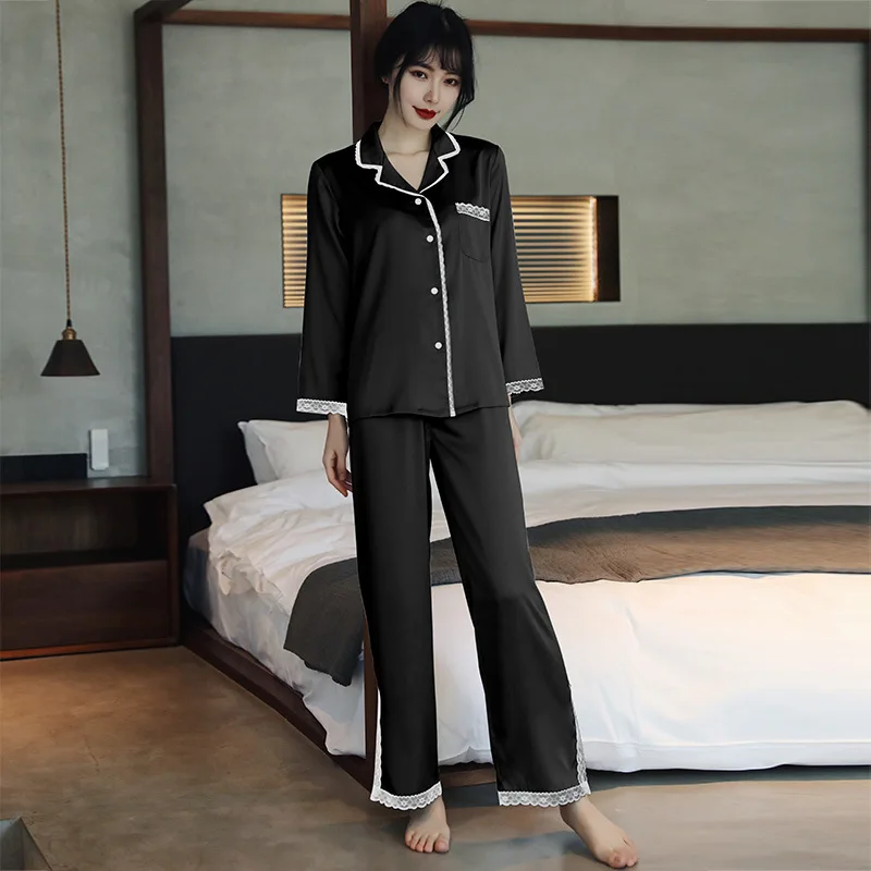 

Spring and Autumn Ice Silk Pyjamas Ins 2021 New Lace Silk Home Clothes Long Short Suit Set Fashion Pajama Women
