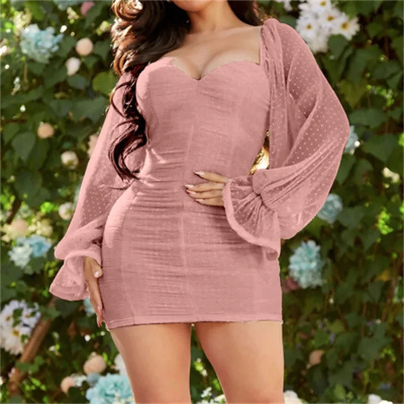 

Sexy Flare Sleeve Dress Women New Fashion Strapless Mesh Patchwork Mini Vestidos Ruched Party Clubwear Dresses