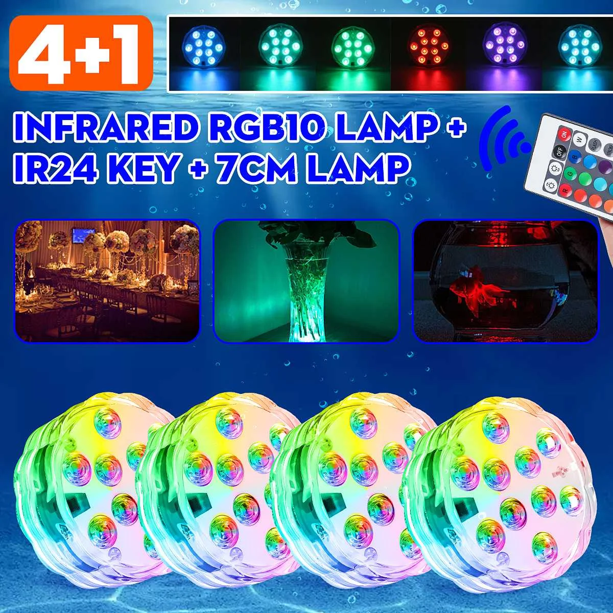 

Battery Operated 10leds RGB Led Submersible Light Underwater Night Lamp Garden Swimming Pool Light for Wedding Party Vase Bowl