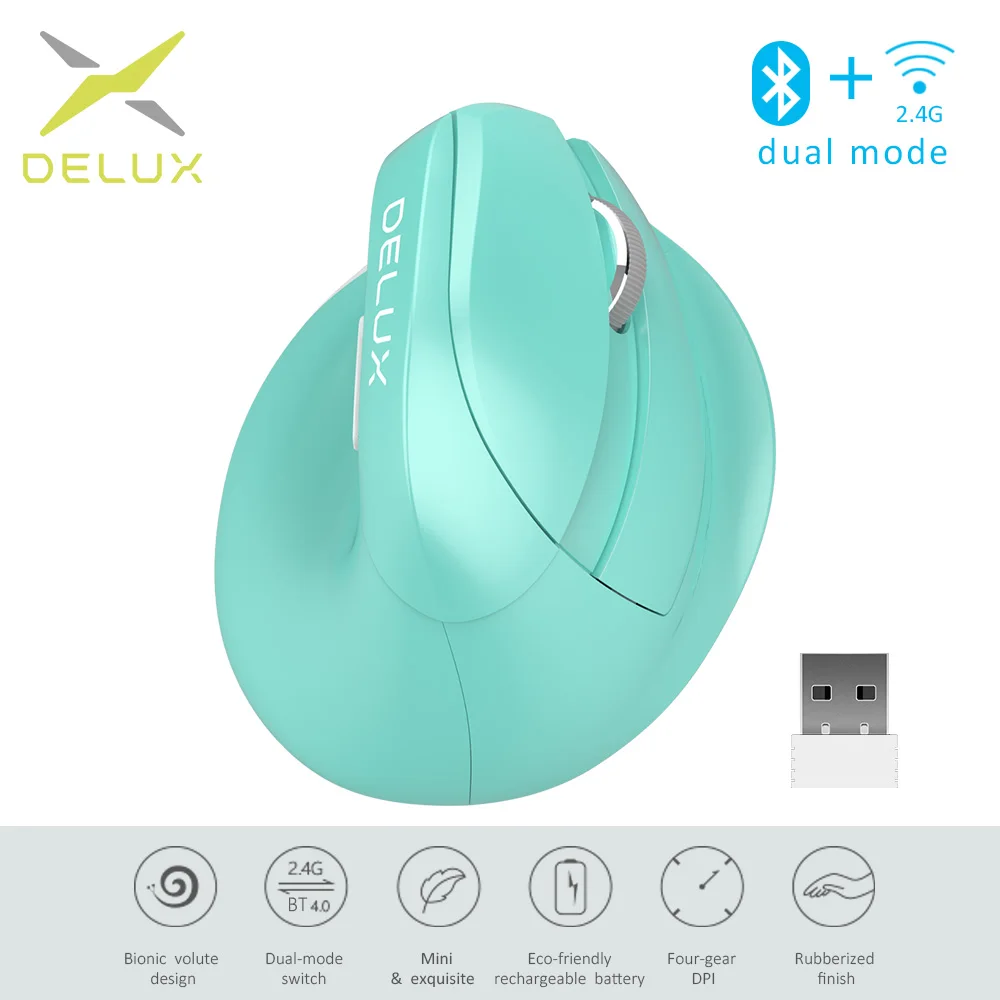 Вертикальная мышь Delux M618 Мини Bluetooth 4,0 бесшумный щелчок Беспроводной Мышь 2400 Точек на дюйм эргономичный Перезаряжаемые Вертикальная мышь с USB 2,4 ГГц режим