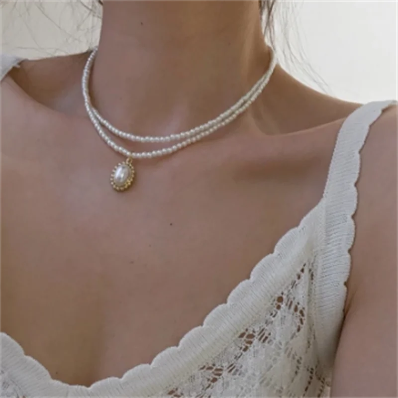 

Vintage Baroque Round Pearl Chain Necklace 2021 Geometric Double Chain Pendant Ladies Jewelry Girl Gift Wholesale
