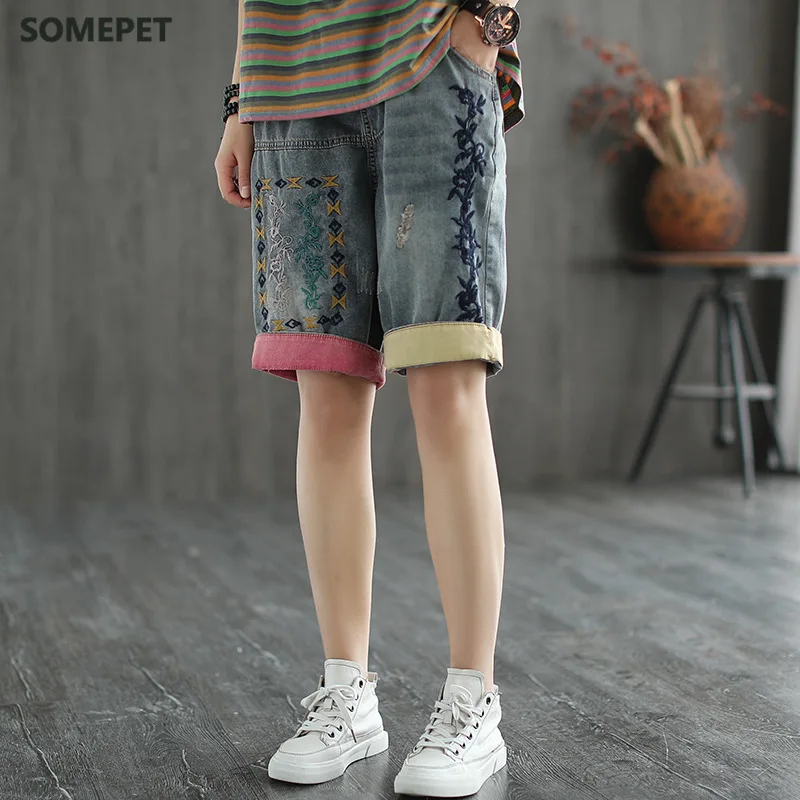 

Women Summer Fashion Vintage Embroidery Ripped Contrast Color Patchwork Half Sleeve High Waist Denim Casual Female Chic Shorts