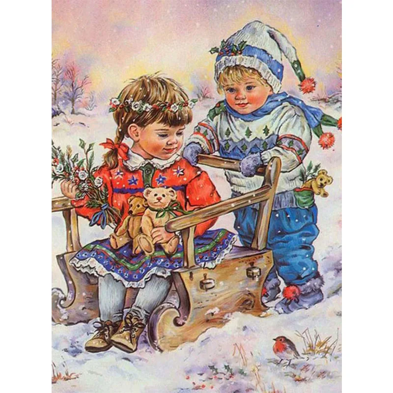 

5D DIY Diamond Painting "Children In The Snow", Full Square Diamond Embroidery Kit, Round Rhinestone Cross Stitch, Home Decor