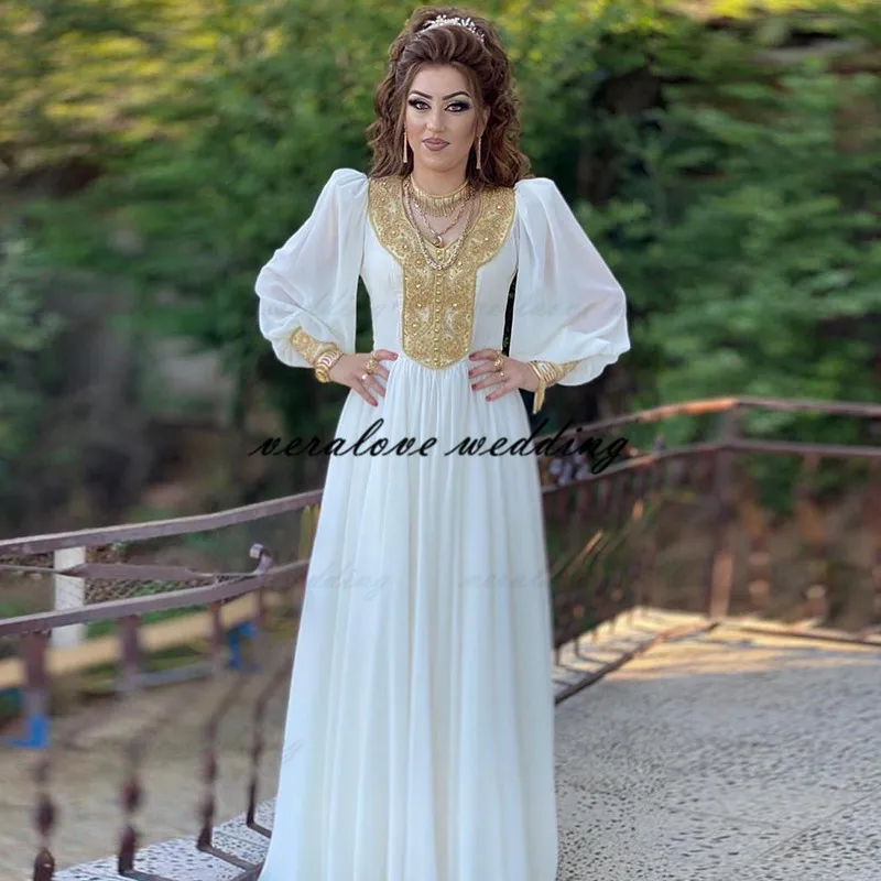 hot pink prom dress New White Chiffon Moroccan Kaftan Evening Dresses Long Golden Appliques Saudi Arabic Muslim Bridal Party Dress Custom Made dark green prom dress
