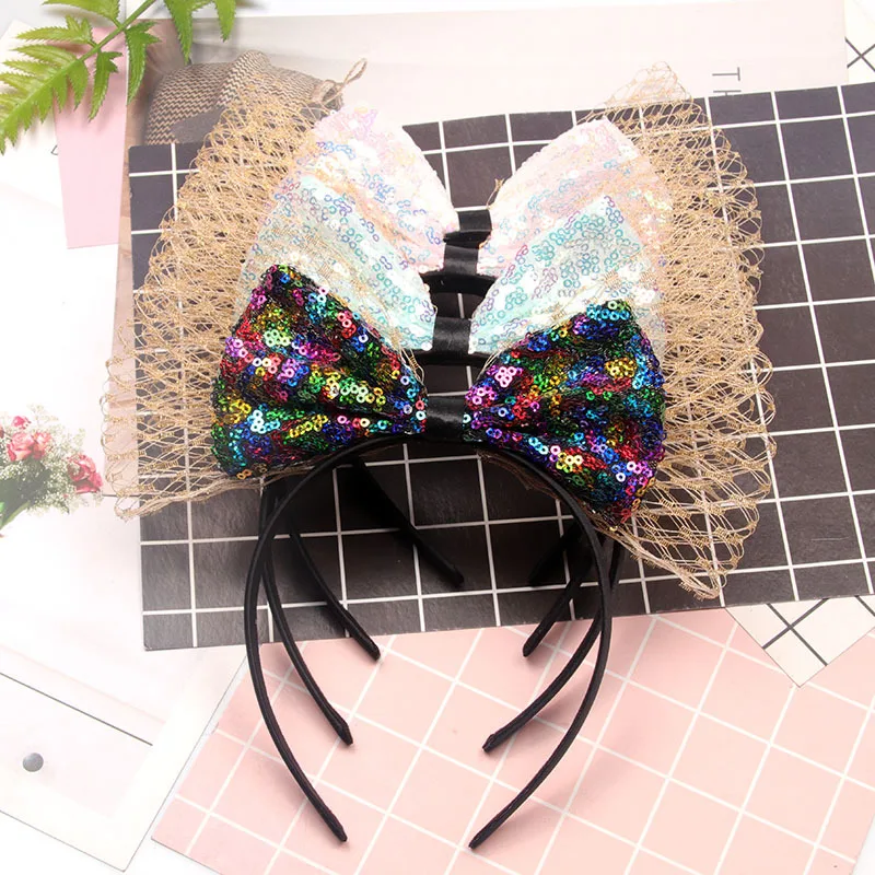 

2021 Glitter hair bow Hairbands Gauze Girls Hair Hoop Large Bow Solid Fabric Korean Women Headband Hair Accessories for Girls