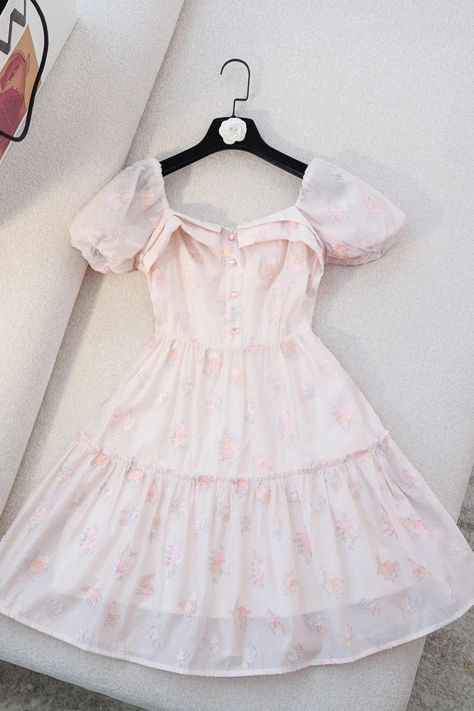 

2021 Summer New Bubble Sleeve Square Collar High Waist Princess Dress Printed A- line Skirt Dress for Women