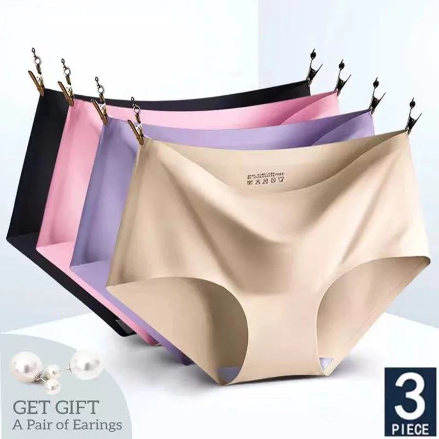 

2021 Summer Ice Silk Ladies Underwear Sexy Seamless Underwear Soft Breathable Mid-Waist Underwear 3 Pieces