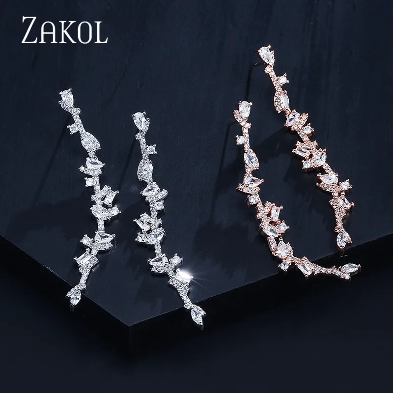 ZAKOL Popular Cubic Zirconia Long Dangle Drop Earrings for Women Fashion Leaf Bridal Wedding Party Dinner Dress Jewelry FSEP2109