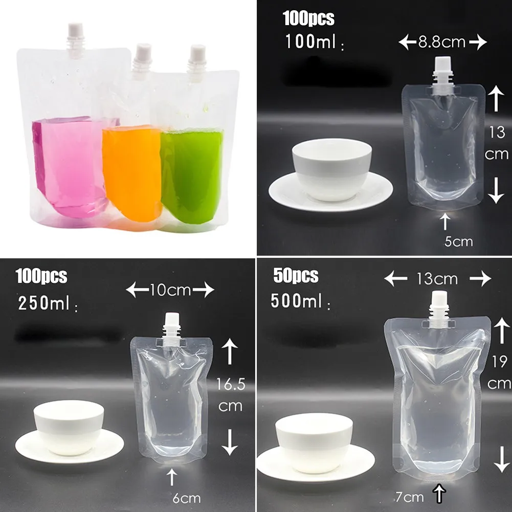 

50/100PCS Packaging Bag Clear Plastic Spouted Liquid Drink Bag Pouch 100, 250, 500ML With Lid Reusable 100% Brand New