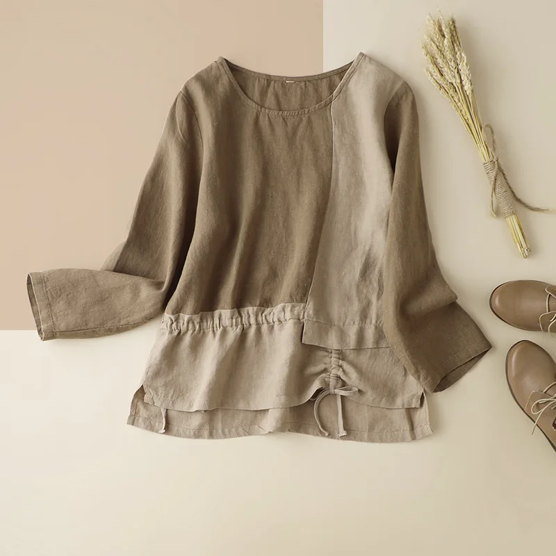 

Tops Spring Linen and Autumn Stitching Contrasting Color Long-Sleeved Blouse Women's Drawstring Vintage Korean Clothes