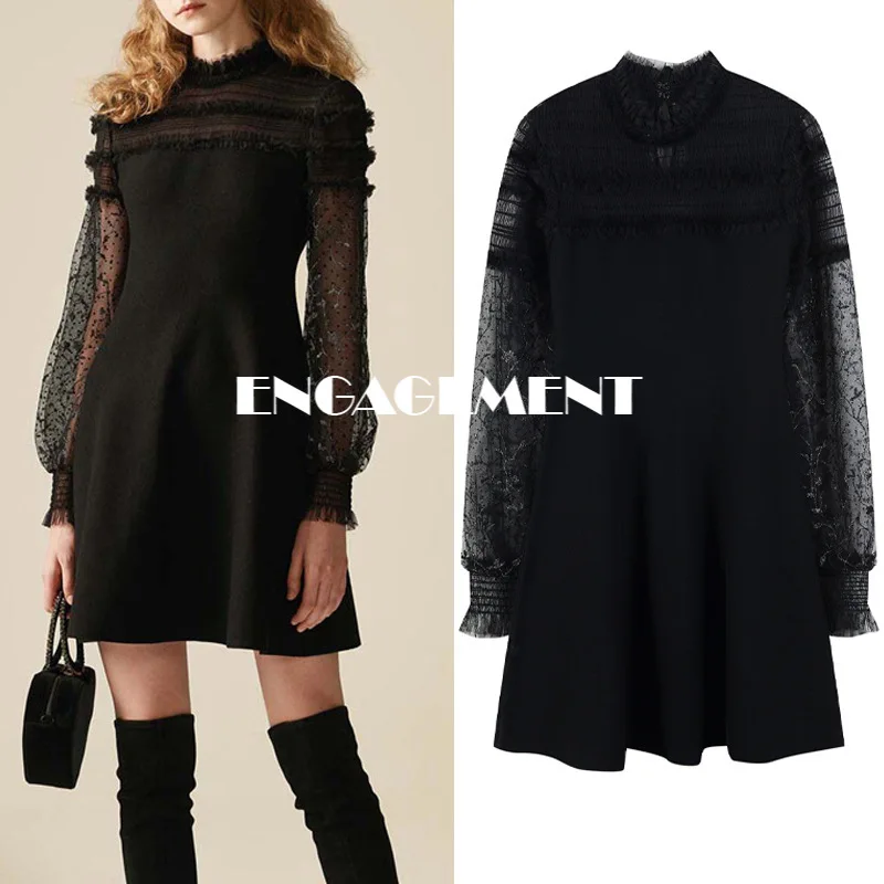 

ENGAGEMENT Autumn/winter 2021 New Lace Long Sleeve Splicing Slim Slim Knit Skirt High Waist Dress Female