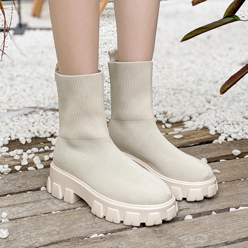 Thick Platform women boots Autumn Winter New Couple Socks Shoes Women Casual Large Size Knitted Short Boots Women botas  mujer
