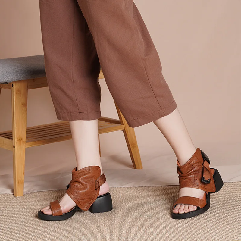 

Сандалии женские из натуральной кожи, мягкие Босоножки с открытым носком, высокий каблук, в стиле ретро, ручная работа, лето 2019